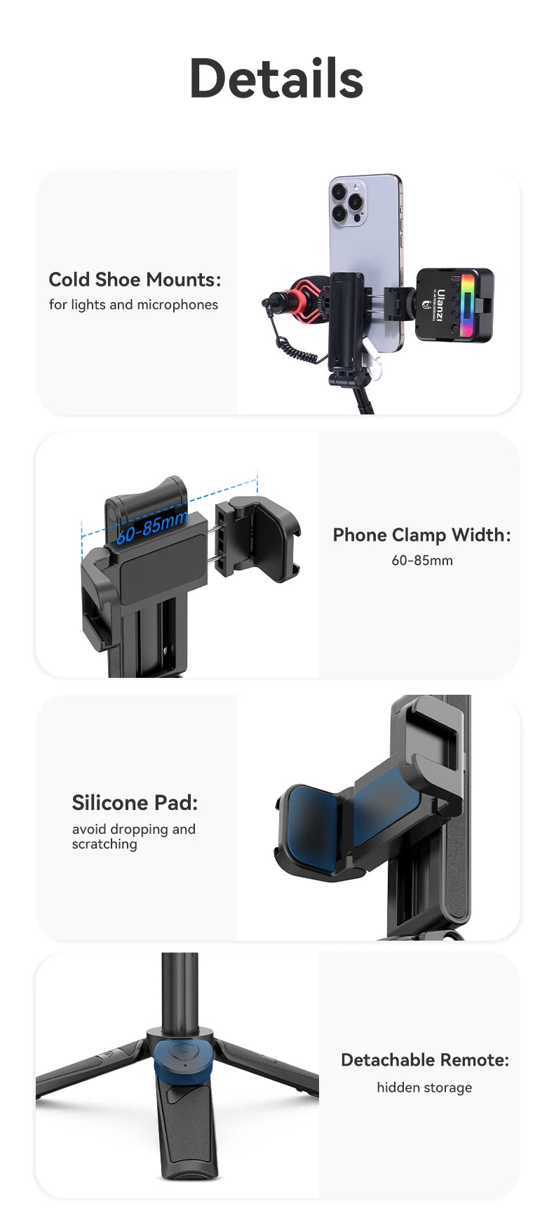 Ulanzi JJ02 Wireless Selfie Tripod With Bluetooth Remote Control Portable Foldable Monopod For Smart Phone Booster Handle Grip