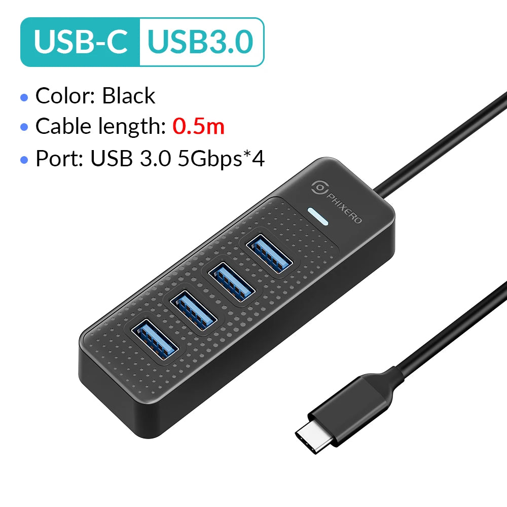 PHIXERO 4 Ports USB 3.0 HUB High Speed Type C Splitter 5Gbps For PC Computer Accessories Multiport USB Hub Adapter for Laptop