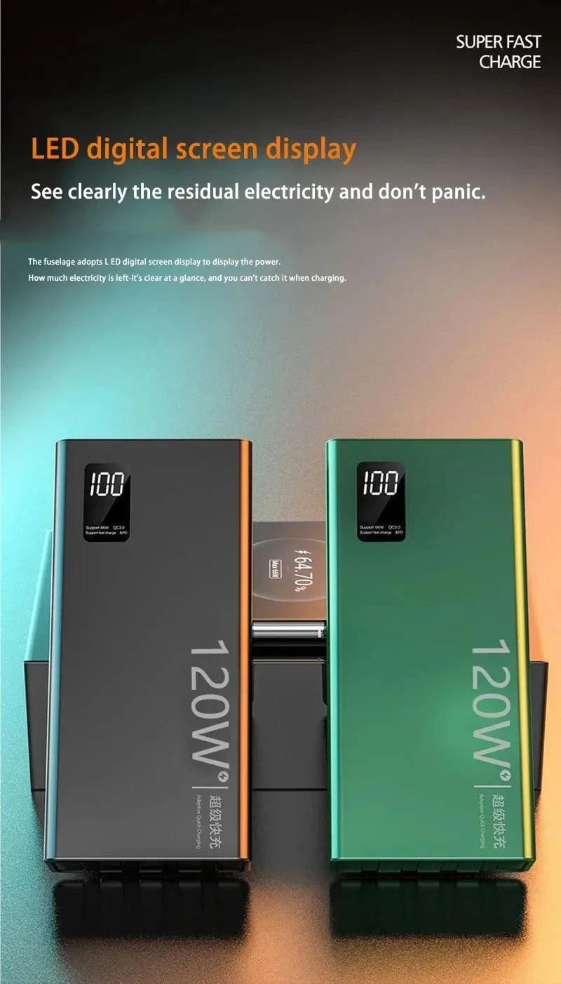 50000mah Power Bank 120W Fast Charging Built-in Cable External Large Battery Portable Charger For iPhone Samsung Xiaomi