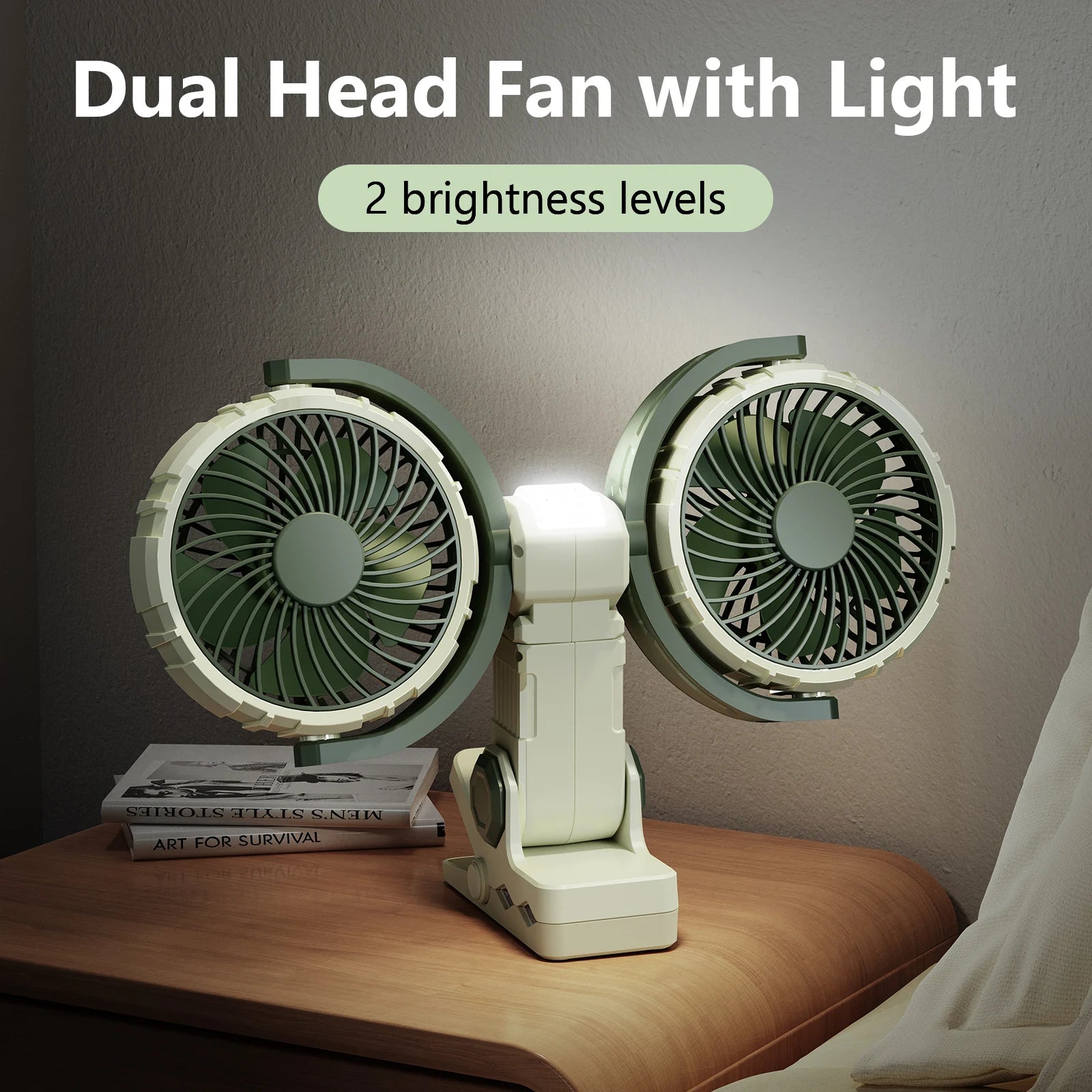 Eary Dual Head Clip On Fan Mount For Desktop With 4000mAh Battery Operated 3 Speed Adjustable 360 Rotatable Desk Air Cooling Fan