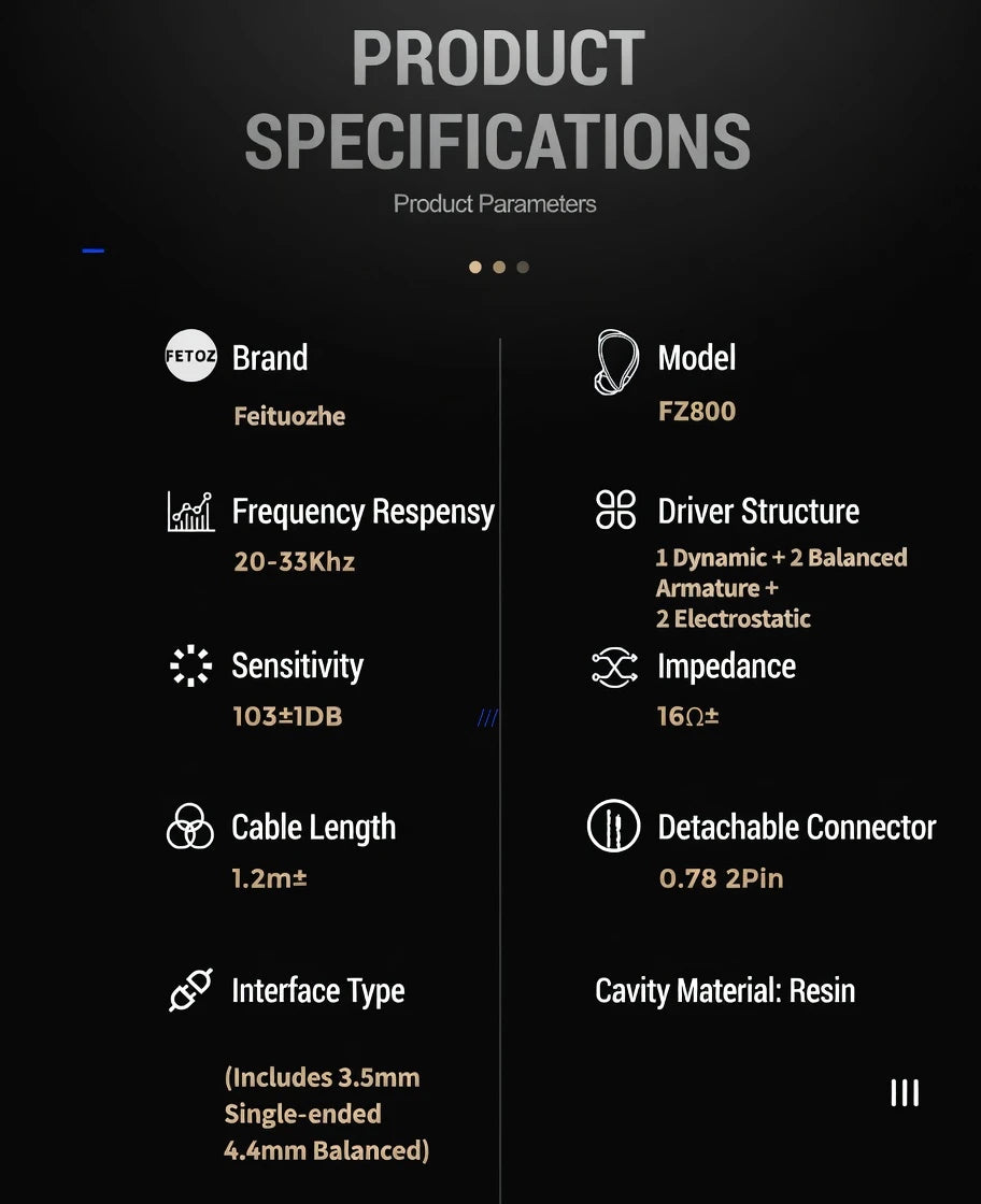 FETOZ 1DD+2BA+2EST Electrostatic Headphones Hybrid 2Pin0.78mm Audiophile In-ear Earphone 3.5mm/4.4mm/typec HiFi Wired Headphones