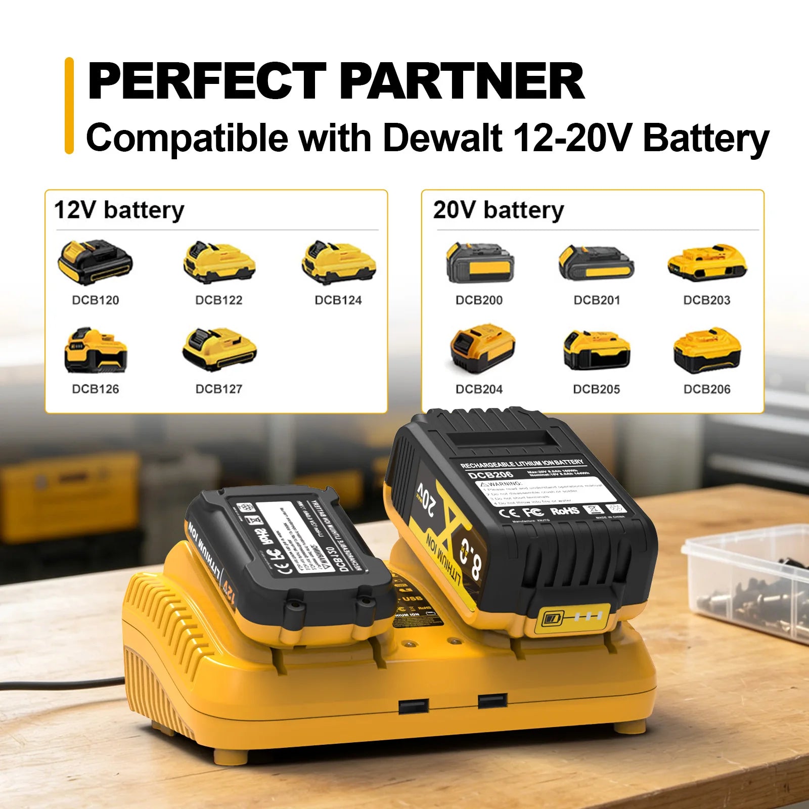 DCB102 Dual Port 3A Rapid Charger For Dewalt 12V 20V Li-ion Battery USB Charger with LED DCB205 DCB115 DCB107 DCB112