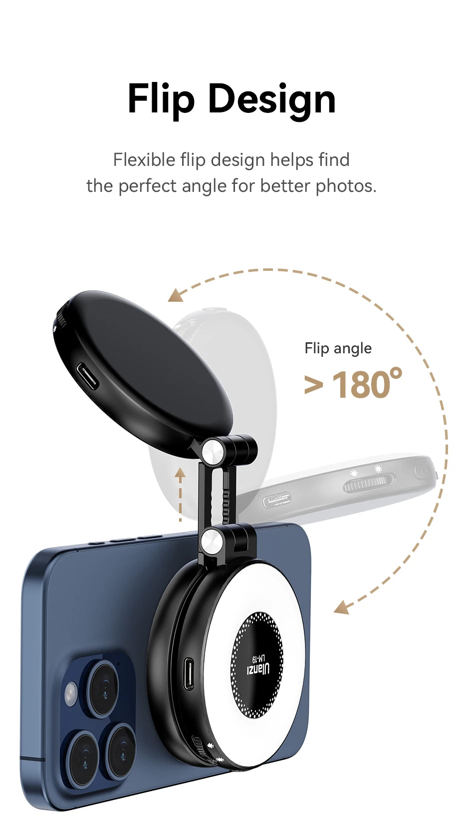 Ulanzi LM19 MagSafe Light CRI 95+ for Vlog Livestream Photograph Bi-Color Flip Fill Light Suitable for Magnetic Mobile Phones