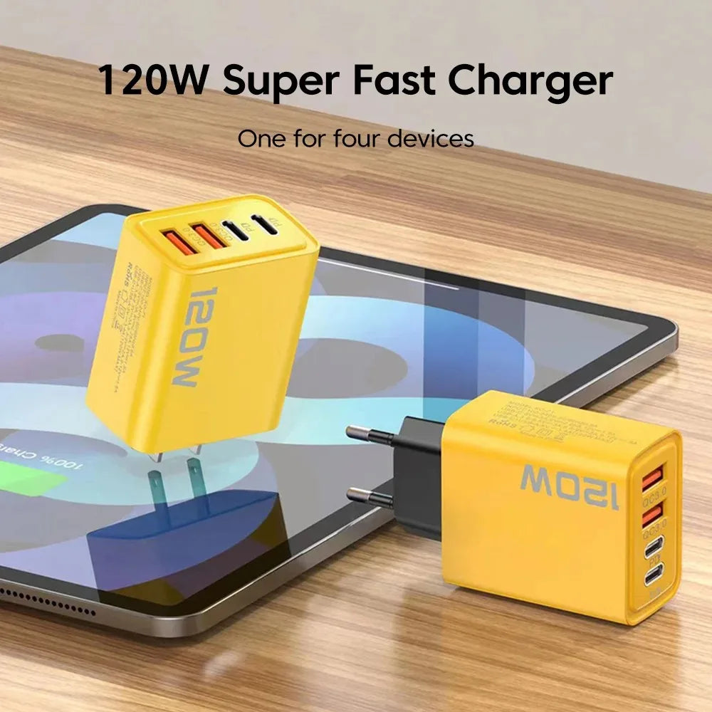 4 Port USB PD Charger 120W Type C Quick Charge Mobile Phone Charger Adapter For iPhone Samsung Xiaomi EU/US/UK Plug Wall Charger