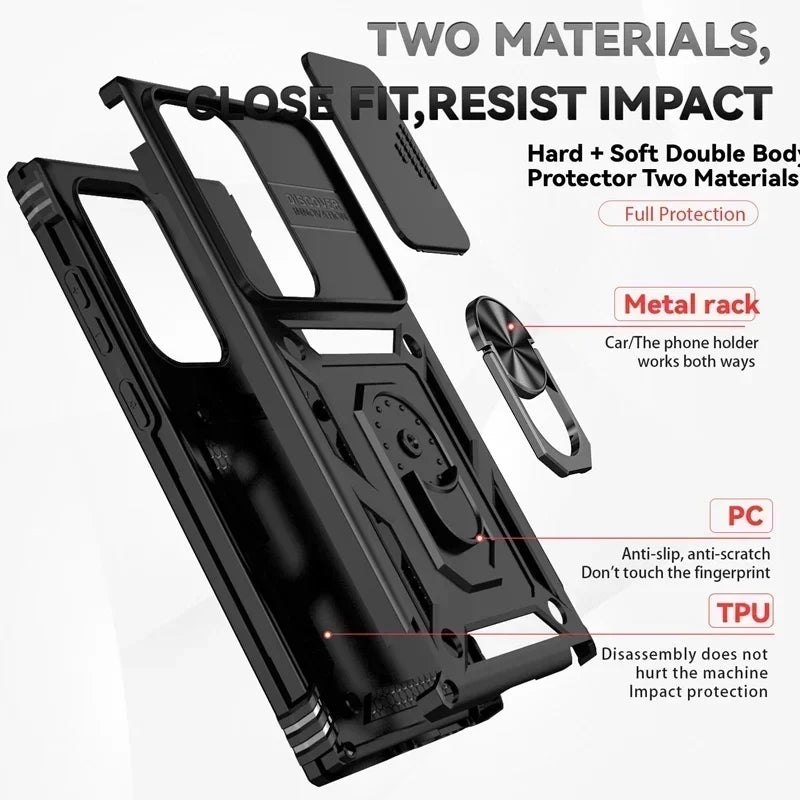 Slide Camera Lens Military Grade Armor Case For Samsung Galaxy S25 Ultra Plus S24FE A16 A06 A26 A36 A56 Holder Ring Stand 2026
