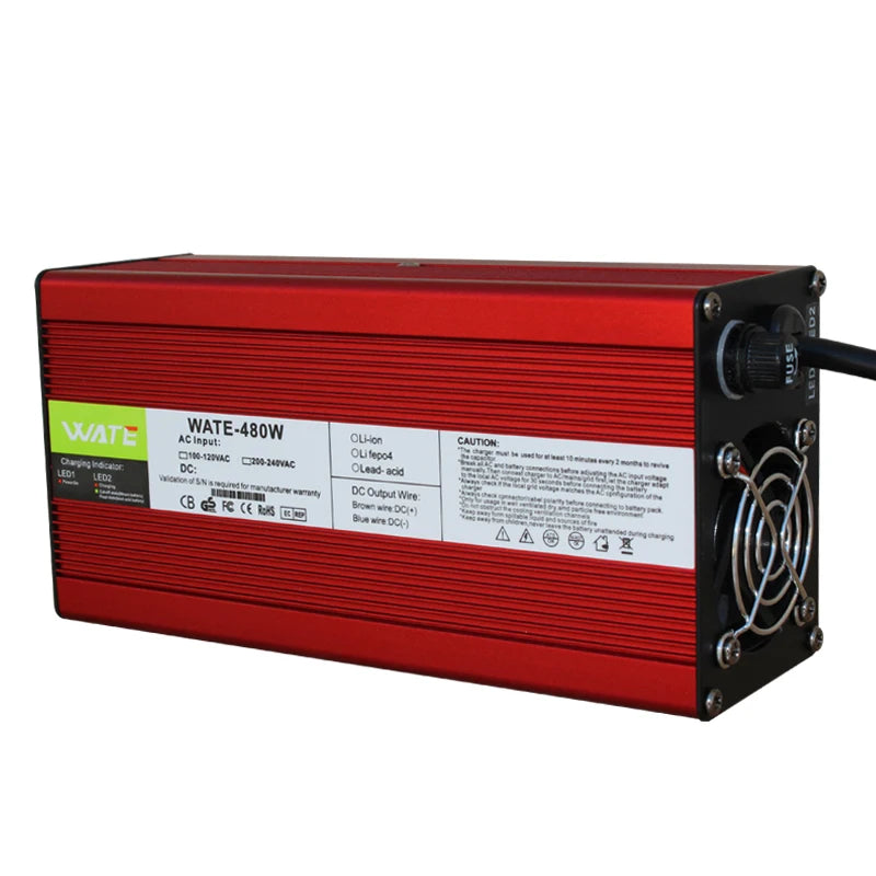 54.6V 8A Charger 13s 48V Lithium ion Battery Charger Output With Cooling Fan Red Aluminum Shell
