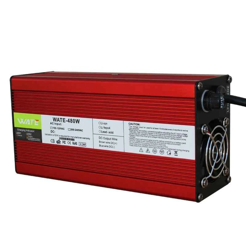 54.6V 8A Charger 13s 48V Lithium ion Battery Charger Output With Cooling Fan Red Aluminum Shell