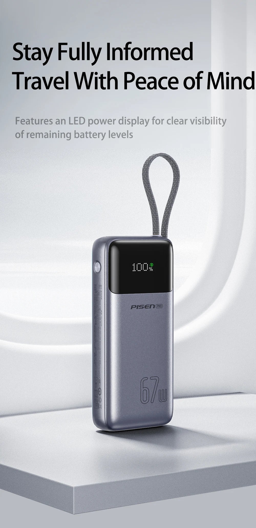 PISEN 20000mAh 67W Power Bank With Fast Charging Cable CCC External Battery For 65W Laptops/ 45W Samsung Phones/ iPhone & iPad