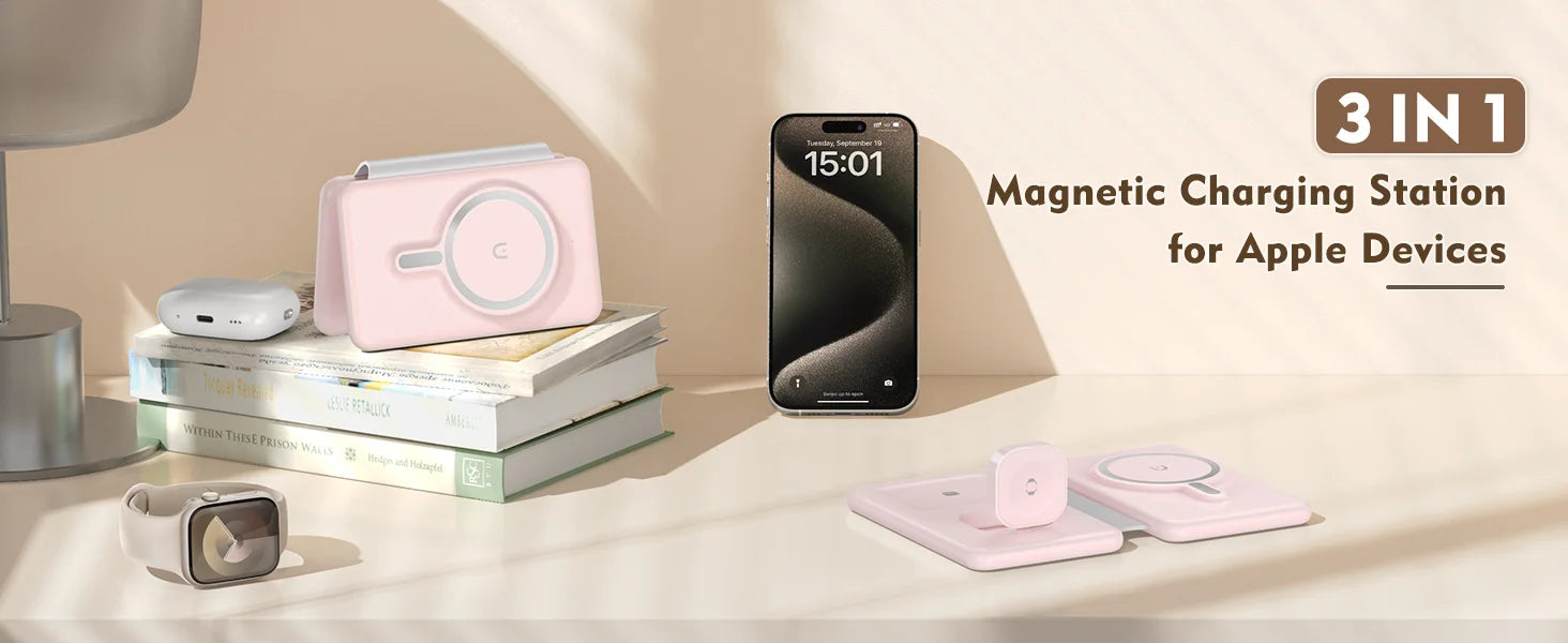 Cell Phone Wireless Charger - 3-in-1 Travel Charging Station for Multiple Devices, Portable Foldable Magnetic Charging Pad