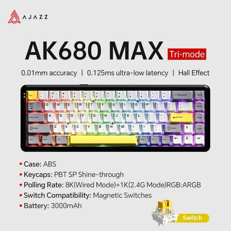 AJAZZ AK680 MAX Magnetic Switch Mechanical Keyboard 60% Rapid Trigger 0.01mm 8K/1K Return 68 keys Gaming Keybaord