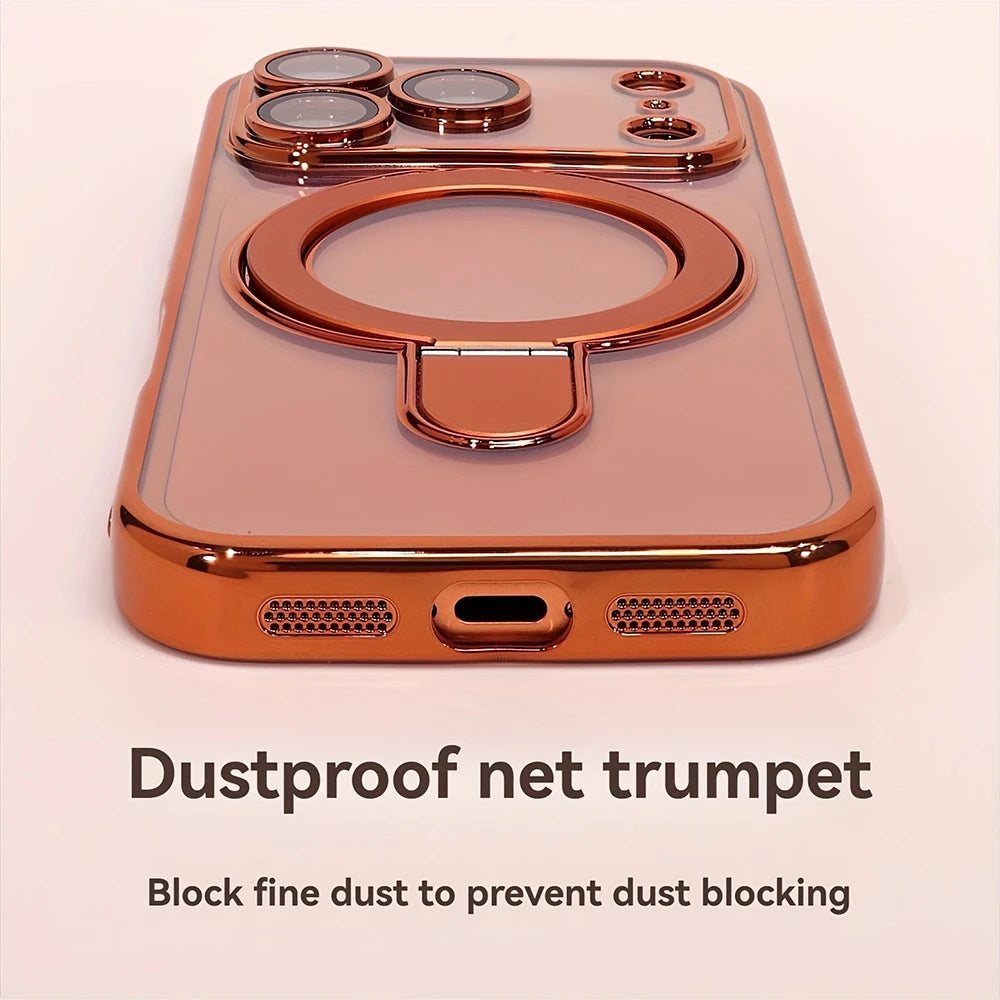 Luxury Plating Magnetic Bracket Phone Case For iPhone 17 16 15 14 13 Pro Max 17Pro Cases For Magsafe Stand Holder Clear Cover