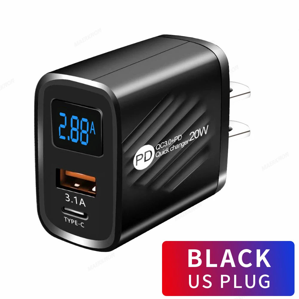 USB PD Charger 20W Fast Charging Type C Digital Display Phone Charge Adapter For iPhone Samsung Xiaomi Huawei USB C Wall Charger