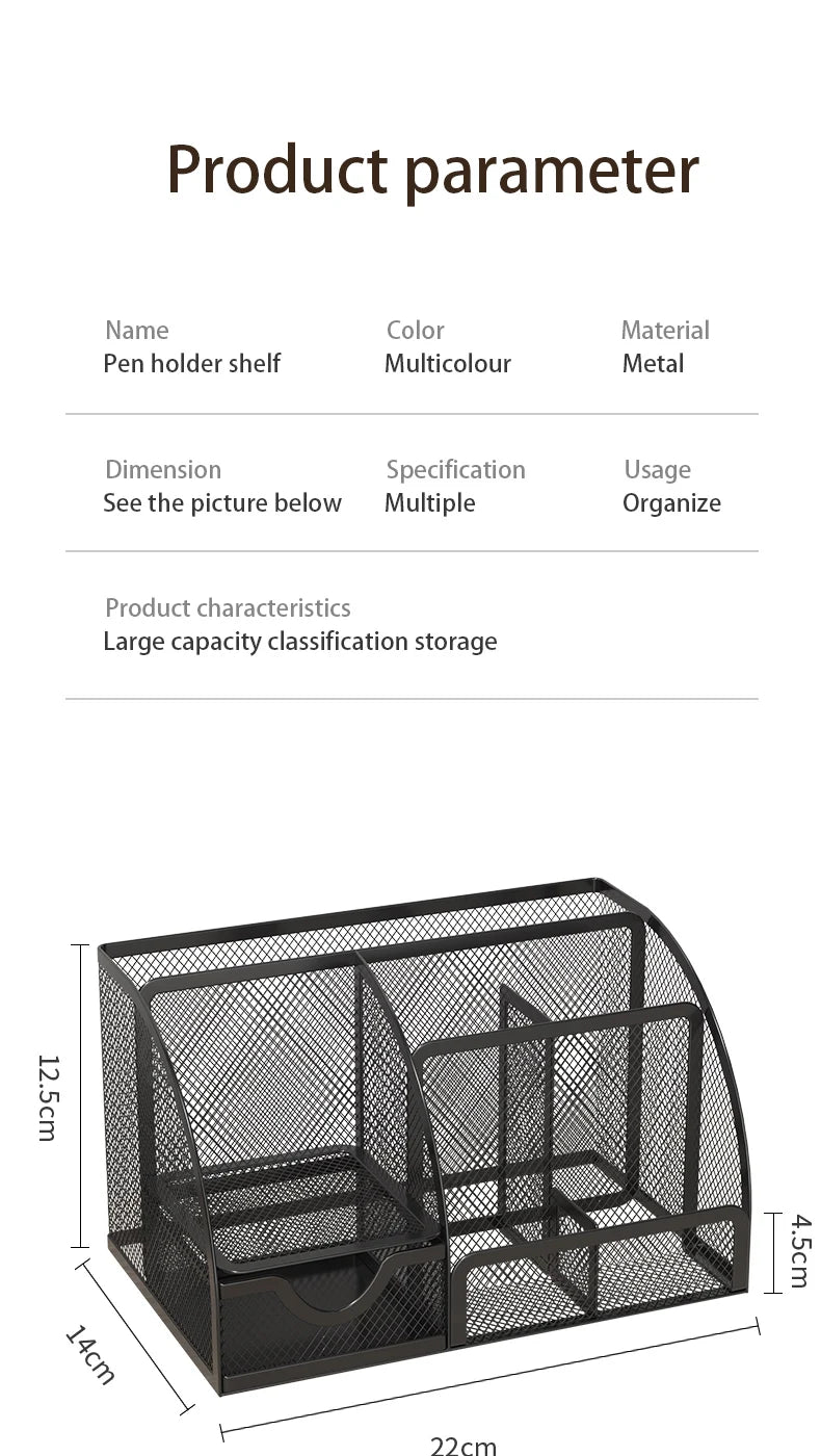 Mesh Pen Holder and Organizer Office Supplies with 7 Compartments, Desktop Organizer with Drawer, Metal Pen Holder for Desk