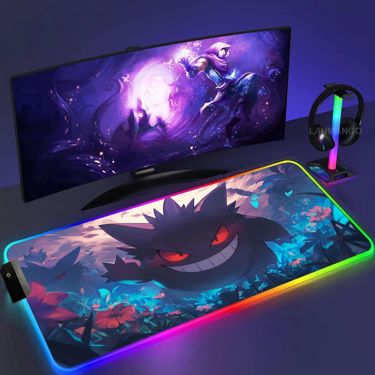 Gengar Mousepad Pokemon RGB LED Purple Mouse Pad Gaming Accessories Ghost Big Extended Keyboard Carpet PC Anime Desk Mats - WinSupport Tech