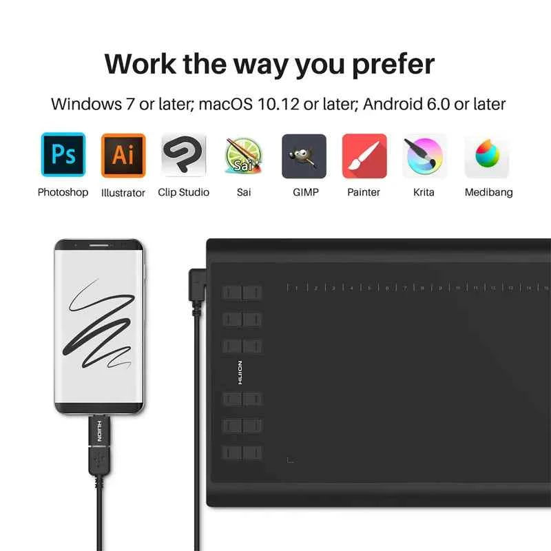 HUION Inspiroy H1060P Graphics Drawing Tablet with 8192 Pressure Sensitivity Battery-Free Stylus and 12 Customized Hot Keys, 10