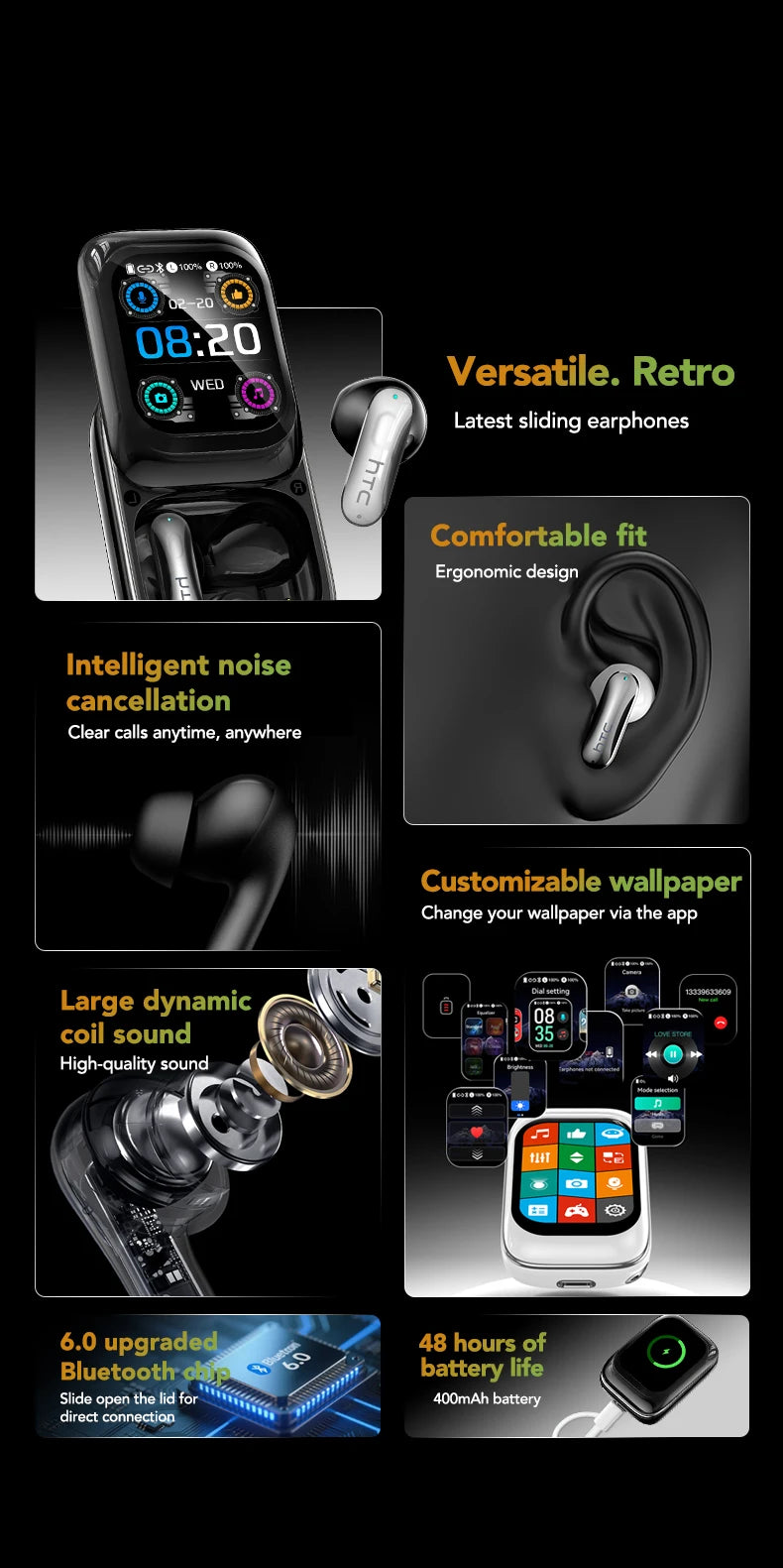 HTC NE48 Slider Headphones Wireless with a Colorful HD Display Touch Control In-Ear Bluetooth Earphones AI Translation Earbuds