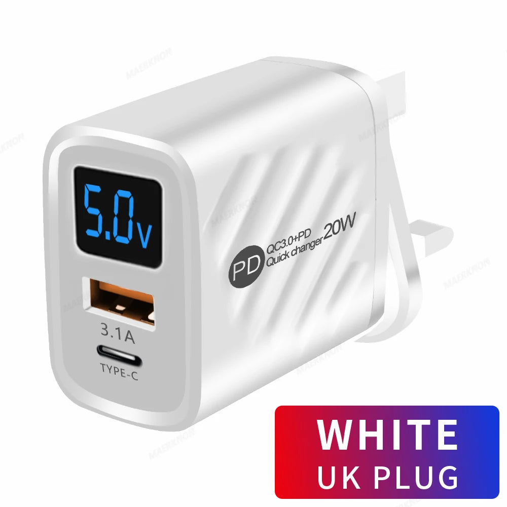 USB PD Charger 20W Fast Charging Type C Digital Display Phone Charge Adapter For iPhone Samsung Xiaomi Huawei USB C Wall Charger