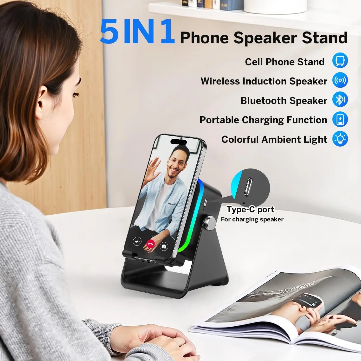 5 in 1 Wireless Induction Speaker with RGB Lights HIFI Sound Portable Bluetooth Phone Holder 8 Modes Auto-Induction Christmas Gift