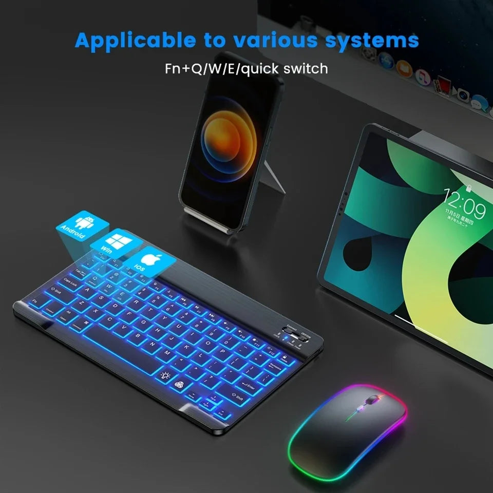 RGB Bluetooth Keyboard And Mouse Set Mini Wireless Keyboard and Mouse Kit Rechargeable Russian Keyboards 10 Inch For iPad Tablet