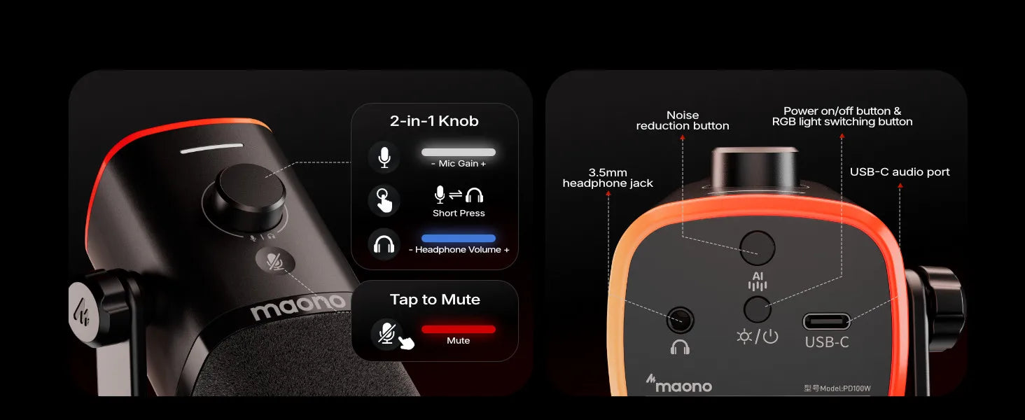 MAONO PD100W Wireless Dynamic Microphone Cardioid Dynamic Mic 50m Range One-Touch Noise Reduction RGB for Gaming Live Streaming