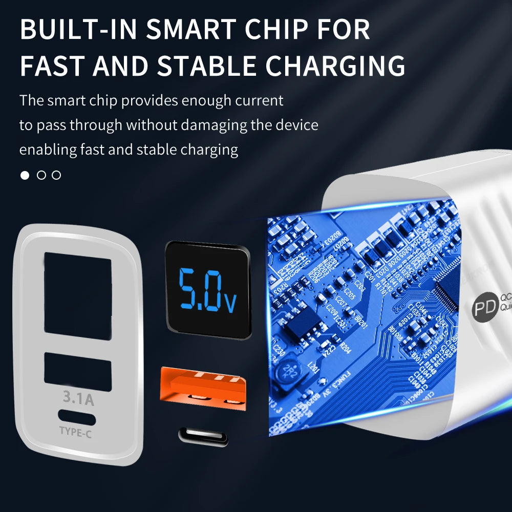 USB PD Charger 20W Fast Charging Type C Digital Display Phone Charge Adapter For iPhone Samsung Xiaomi Huawei USB C Wall Charger