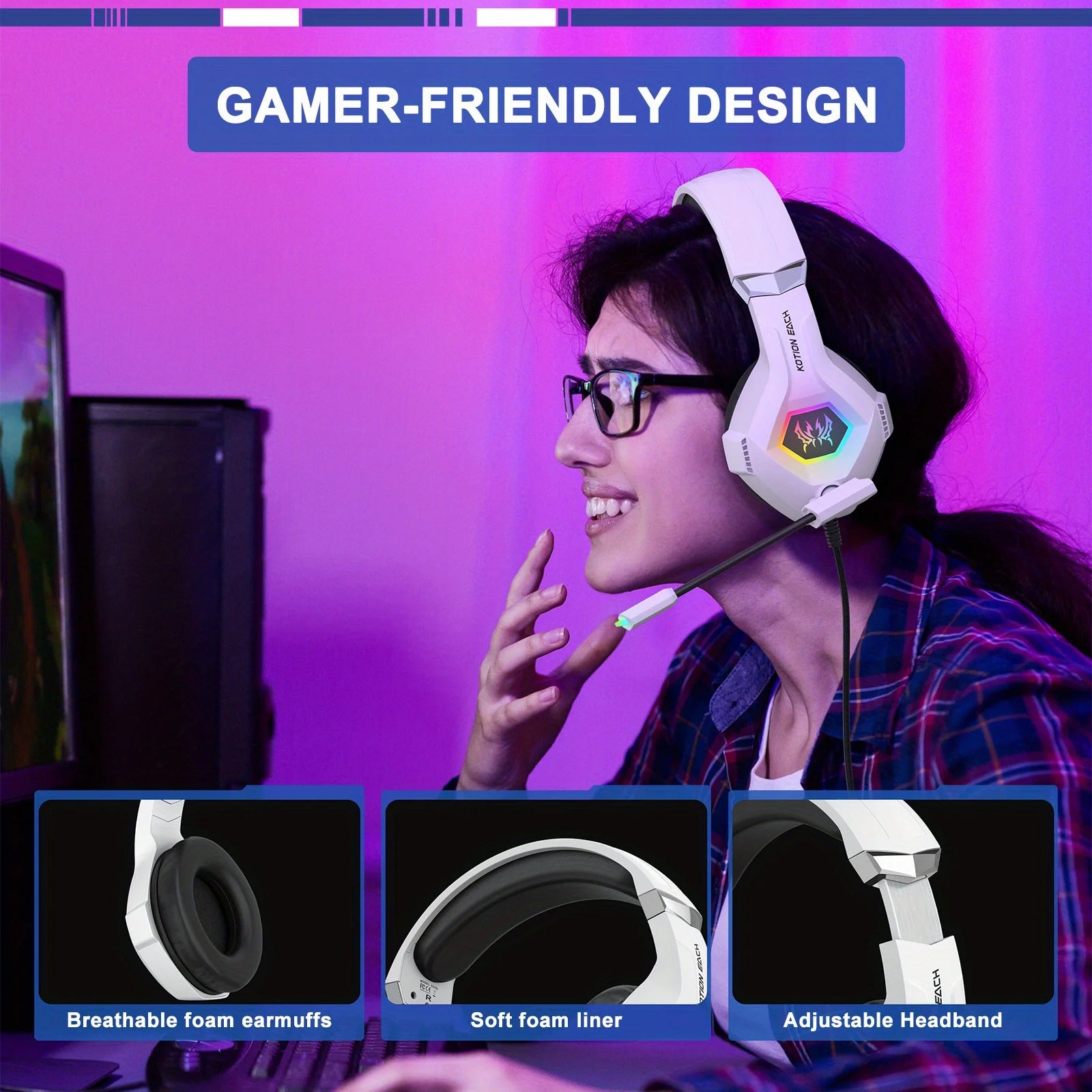 GS450 Head Mounted Esports Earphones, 50mm jack adjustable headband to adapt to different head circumferences, noise cancelling microphone for virtual surround sound, compatible with PC/PS5/Switch/mobile phone for esports, li
