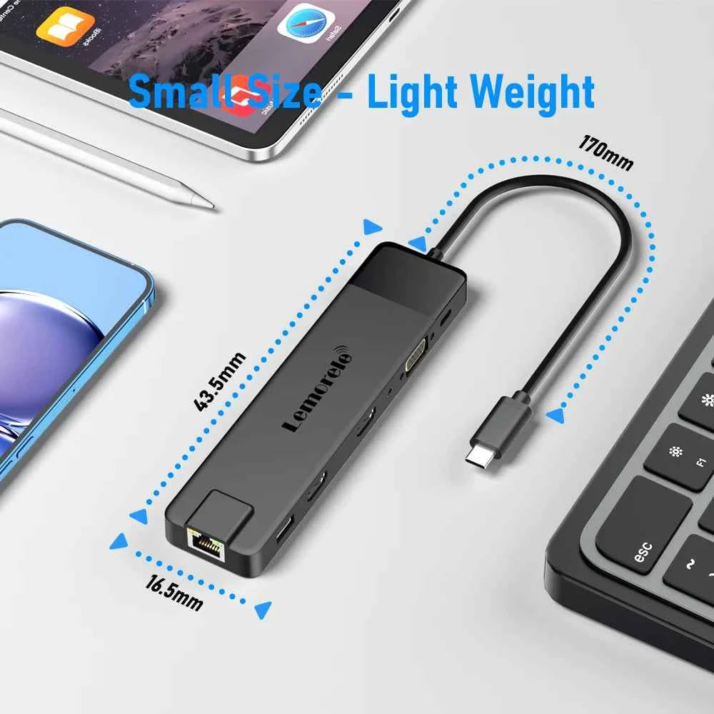 Lemorele USB-C Hub 13-in-1 Gigabit Docking Station VGA USB Type C Hub 4K30Hz HDMI-compatible USB 3.0 Adapter RJ45 PD100W