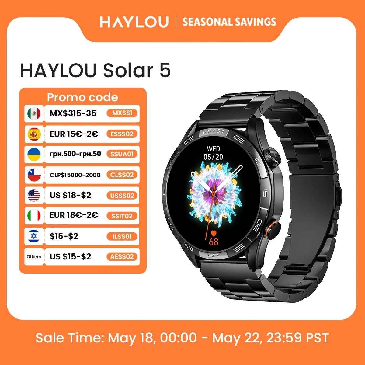 HAYLOU Solar 5 Smartwatch 1.58'' AMOLED Display 60Hz Refresh Rate 24H Health Monitoring Voice Calling 100+ Sports Modes Black/Silver