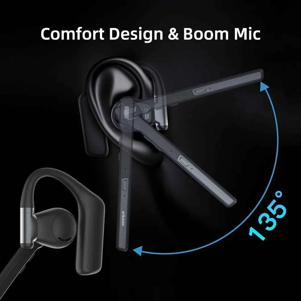 Bluetooth 6.0 Headset, Wireless Hands-Free Earpiece with ENC Dual Mic, Mute Button, Single-Ear Headphone for Trucker, Business