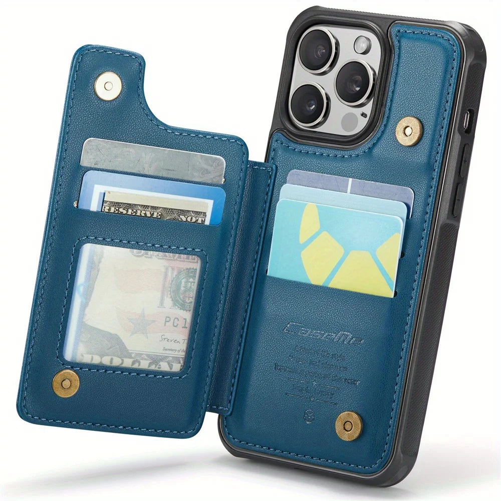 for iPhone 15 Plus 14 13 Pro Max 11 Case with Card Holder,RFID Blocking,Durable Leather Kickstand Magnetic Clasp Shockproof Case