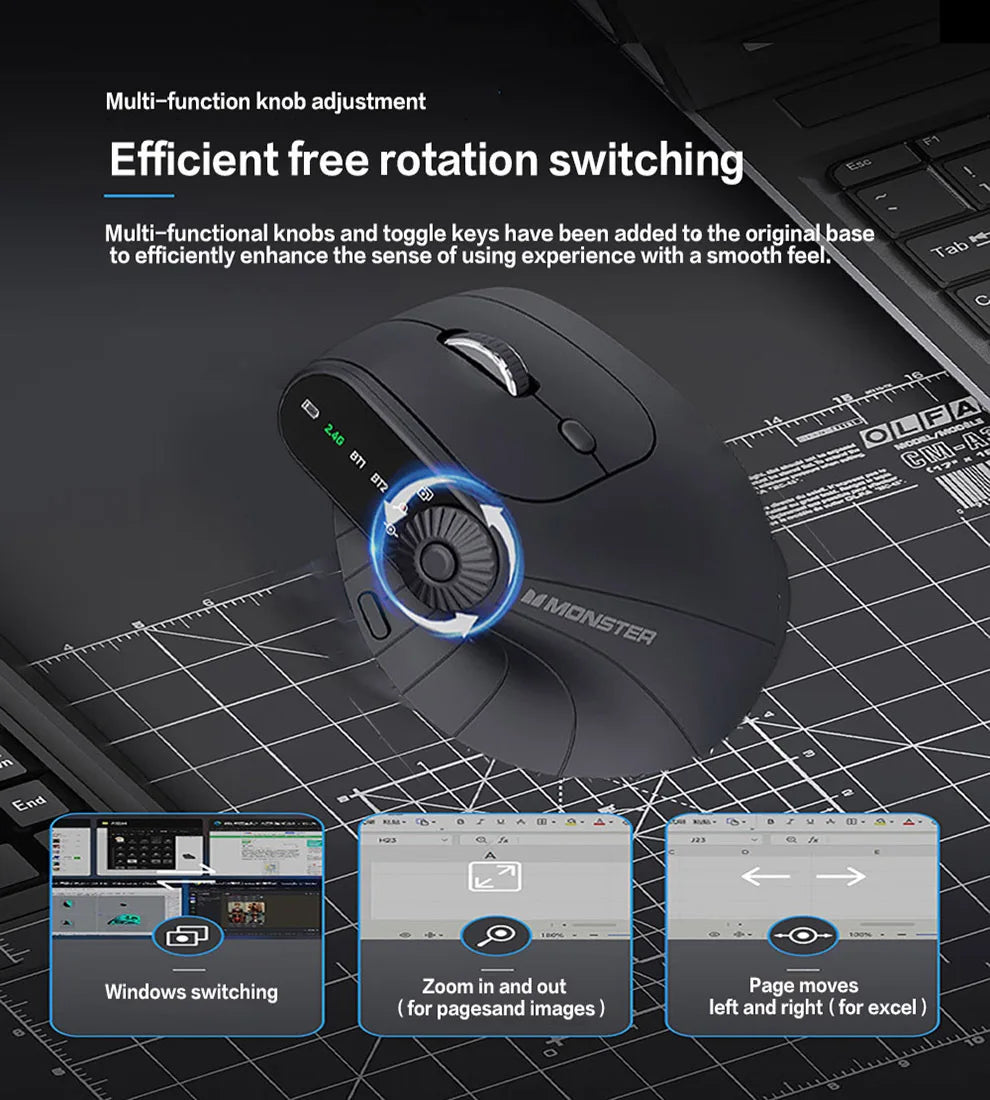 Wireless Vertical Mouse Rechargeable Optical Mice With Function Adjustment Knob Ergonomic Mouse for Multi-Purpose