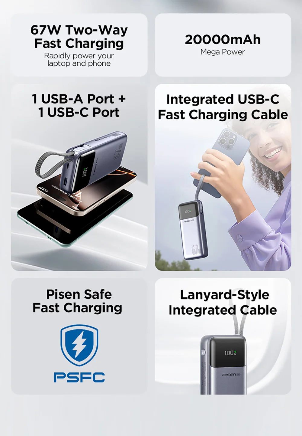 PISEN 20000mAh 67W Power Bank With Fast Charging Cable CCC External Battery For 65W Laptops/ 45W Samsung Phones/ iPhone & iPad