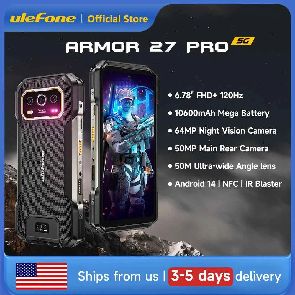 Ulefone Armor 27 Pro 5G Rugged Phone 10600mAh 50MP Camera 64MP Night Smartphone Android 14 Up to 24GB+256GB NFC Waterproof Phone
