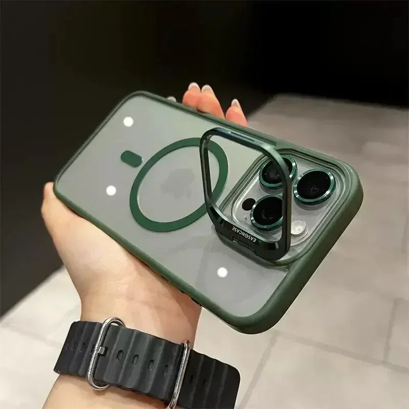 Luxury Magnetic Shockproof Phone Case for iPhone 16/15/14/13/12/11/17 Pro Max with Stand and Glass Lens Case