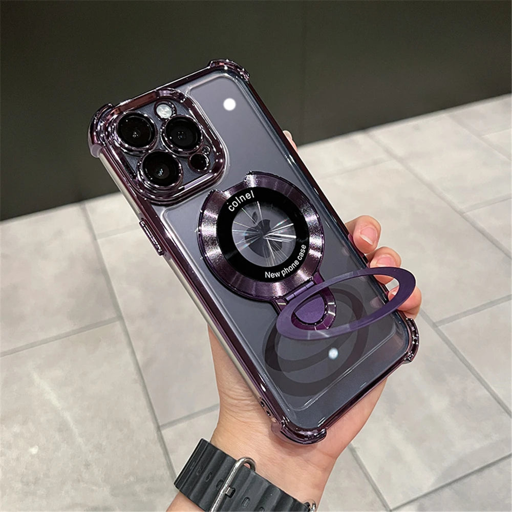 Luxury Plating Shockproof Magnetic Bracket For Magsafe Clear Case For iPhone 17 15 16 14 13 12 11Pro Max With Holder Stand Cover