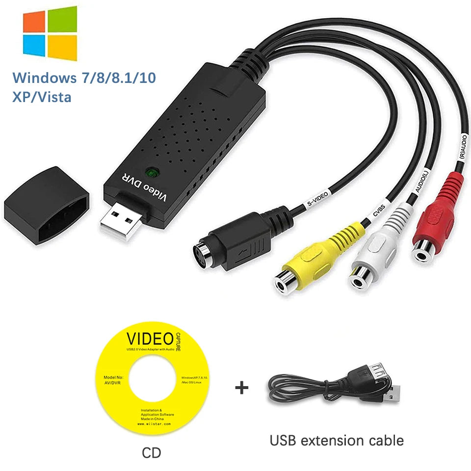 USB Video Capture Card Easy Cap VHS VCR Mini DV Hi8 DVD to Digital Converter RCA/S-video to USB 2.0 Audio Video Record Capturer