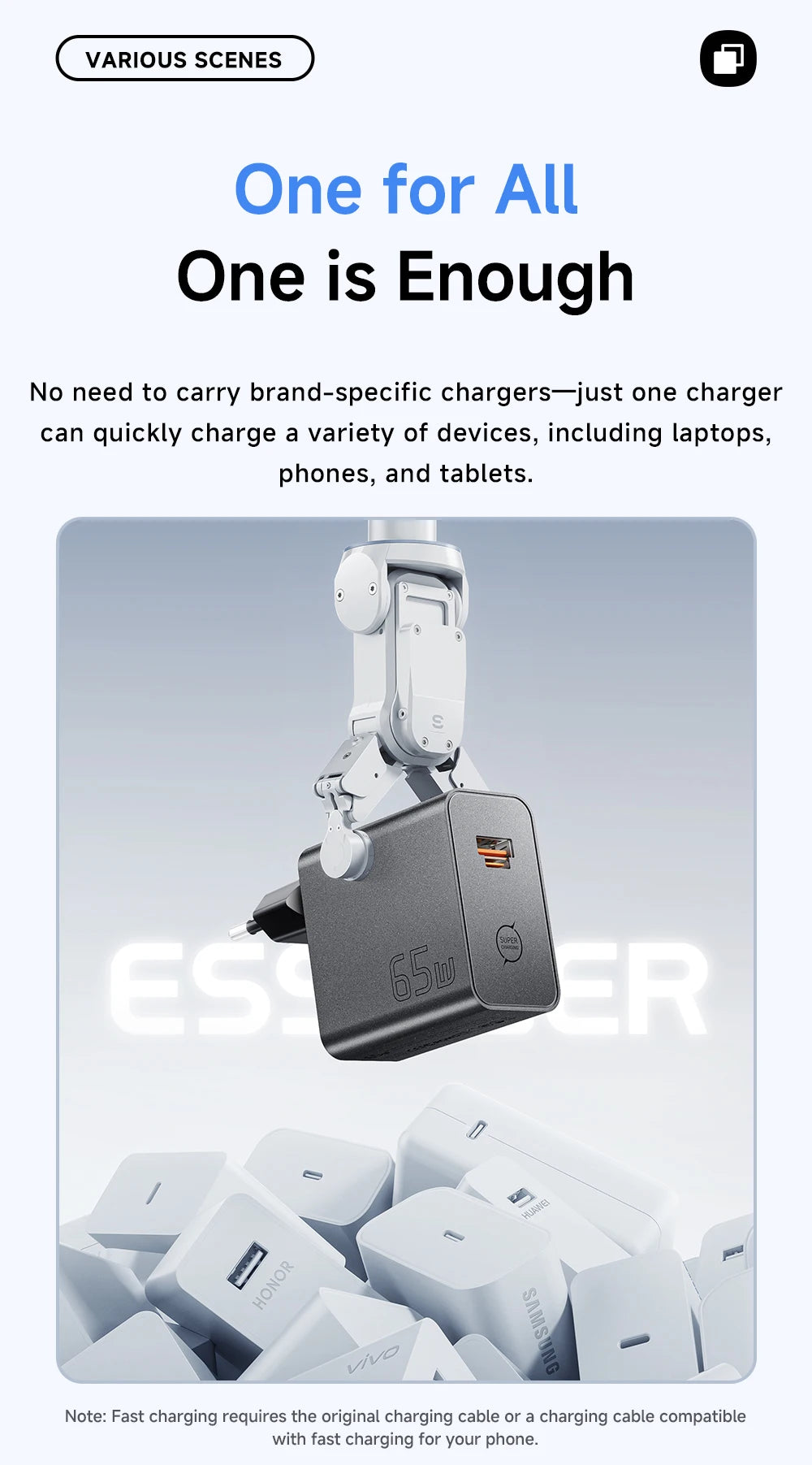 ESSAGER 65W GaN Charger PD3.0 PPS QC4.0 Fully Compatible for iPhone 17 16 Samsung S26 MacBook Air Huawei Laptop PD Fast Charger