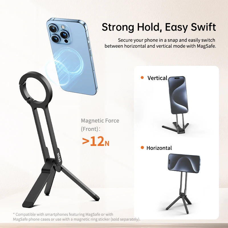 ULANZI MA30 Aluminum Magnetic Phone Tripod Stand Compatible with iPhone 16 Samsung Xiaomi Huawei Vivo OPPO - Mini Bracket for Magsafe Smartphones
