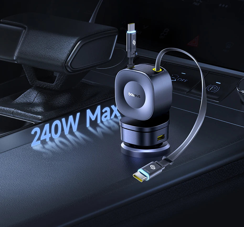 Baseus 240W Car Charger 4 Ports Built in Retractable Cable Fast Charging USB Type-C Car Phone Charger For Samsung iPhone Xiaomi