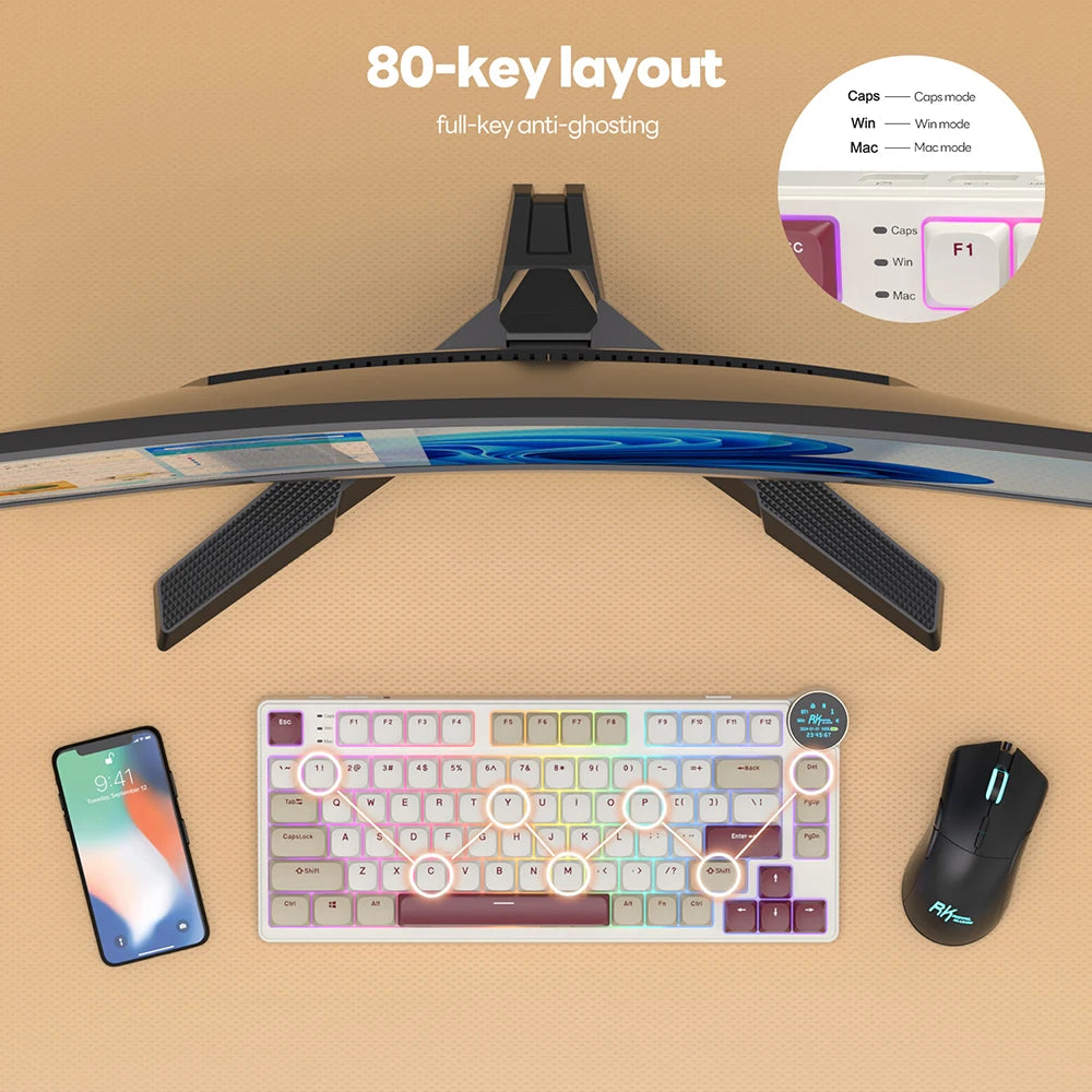 RK N80 Royal Kludge Gamer Keyboard 2.4G Wireless/Bluetooth/USB-C With 80% RGB Backlit Mechanical Keyboard Low Profile TFT Screen