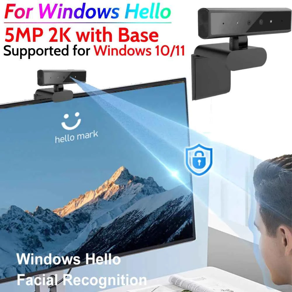 Facial Recognition Webcam for Windows Hello with Base Identification Login Web Camera 5MP 2K for Laptop Desktop Computer