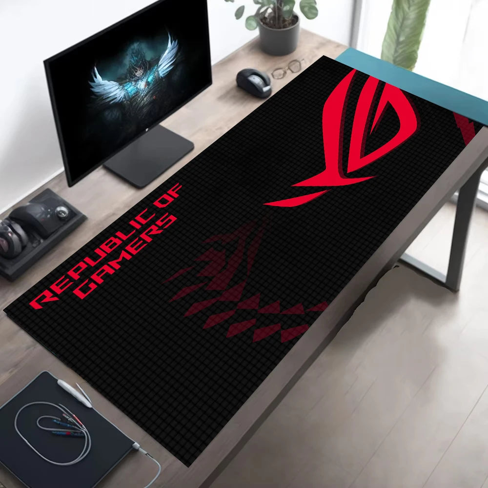1pc Large Gaming Mouse Pad with Red Black ROG Design Non-Slip Durable Rubber Keyboard Mat for PC Office Decor XXL Desk Accessory