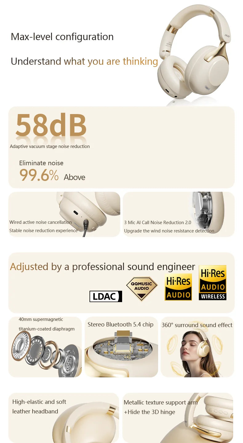 Acer ANC Wireless Bluetooth Headphones OHR524 360° Surround Sound Headsets Gamer Sports Earphones Noise Reduction with HD Mic