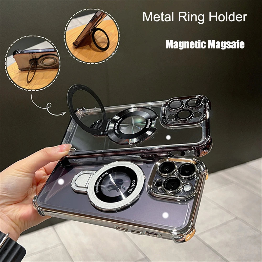 Luxury Plating Shockproof Magnetic Bracket For Magsafe Clear Case For iPhone 17 15 16 14 13 12 11Pro Max With Holder Stand Cover