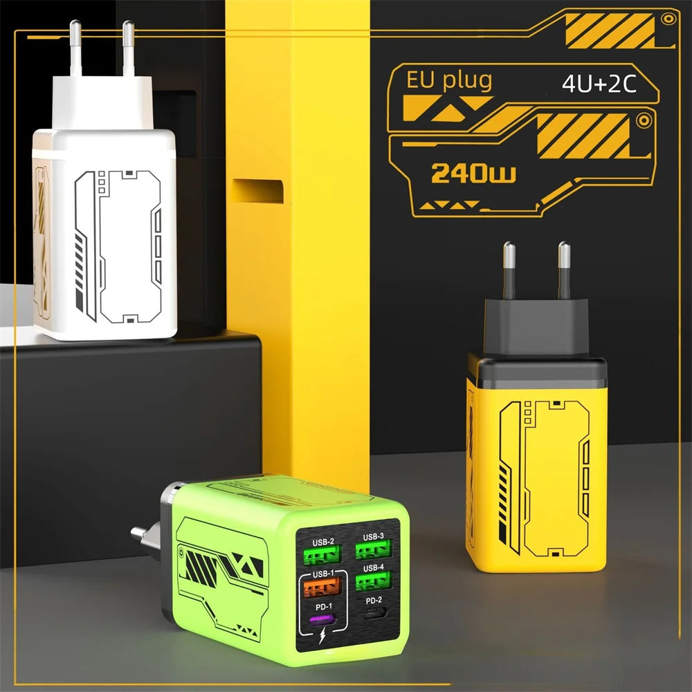 240W 6 Ports USB Charger PD Fast Charging Charger Wall Adapter for iPhone Samsung Xiaomi EU/US/UK Plug Charger Quick Charge 3.0
