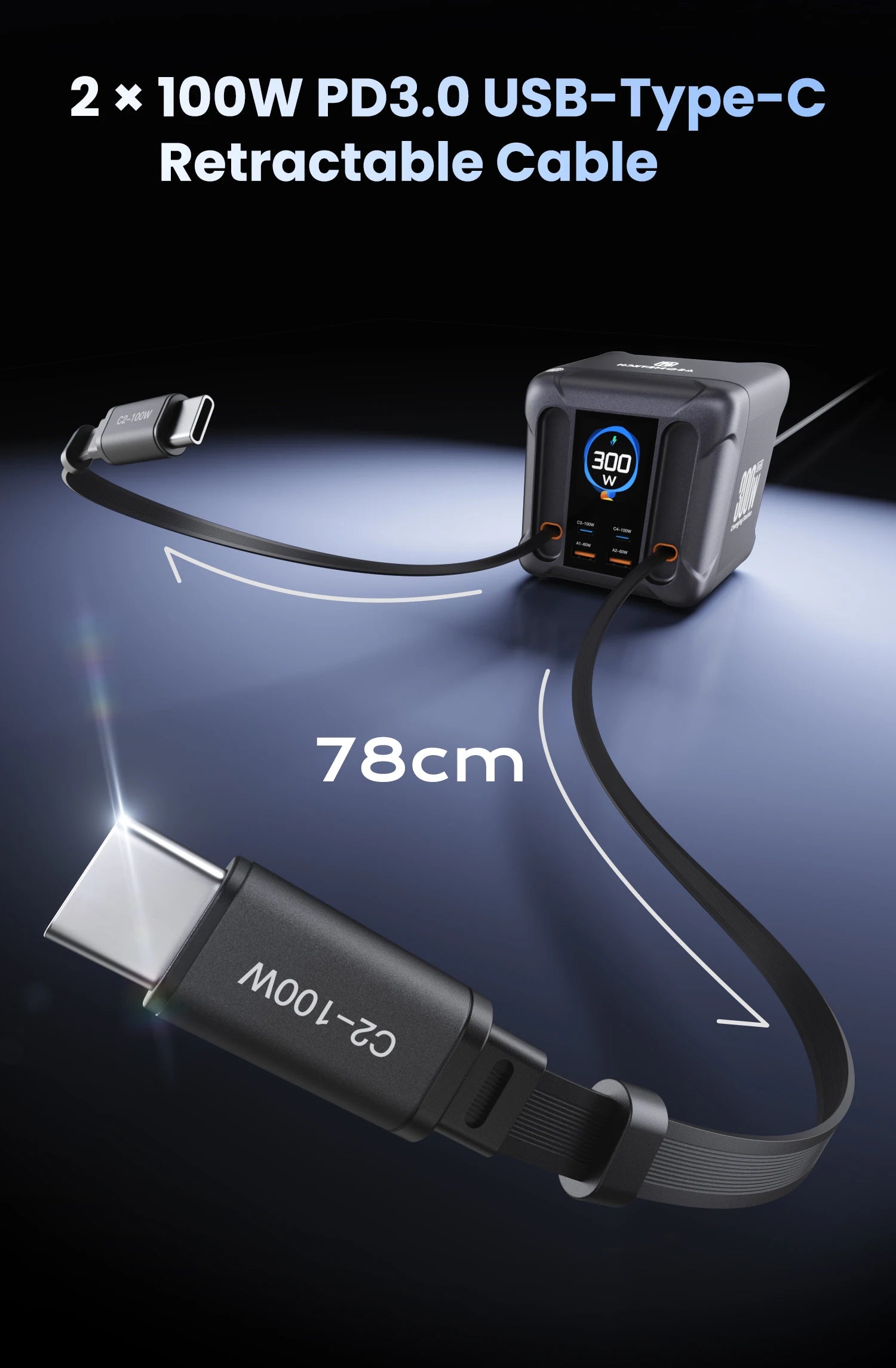 ASOMETECH 300W GaN USB Charger LED Display Retractable Type C Cable 100W 65W PD3.0 PPS Fast Charger Station For Macbook Samsung
