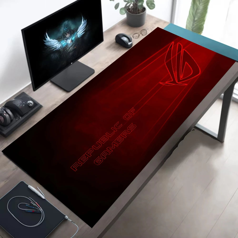 1pc Large Gaming Mouse Pad with Red Black ROG Design Non-Slip Durable Rubber Keyboard Mat for PC Office Decor XXL Desk Accessory