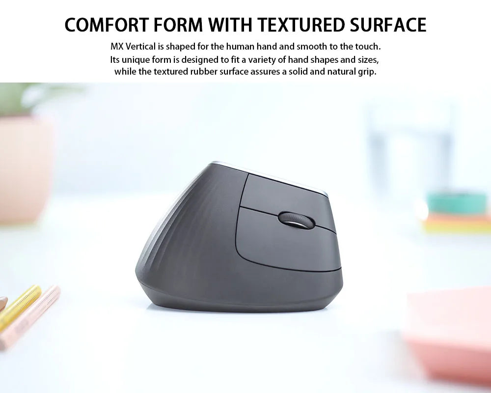 Logitech MX Vertical Wireless Mouse – Ergonomic Design Reduces Muscle Strain, Move Content Between 3 Windows and Apple Computer
