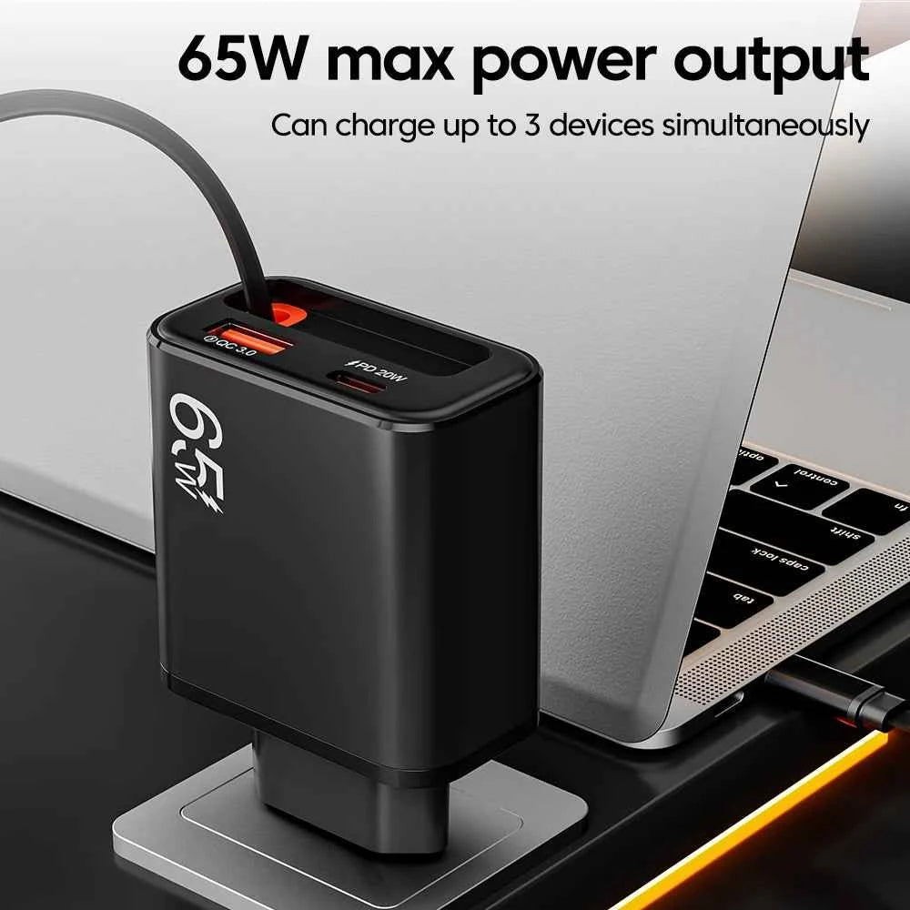 65W USB Phone Charger With Retractable Super Fast Charging Type C Cable For iPhone 17 16 POCO Xiaomi QC 3.0 USB PD Wall Charger