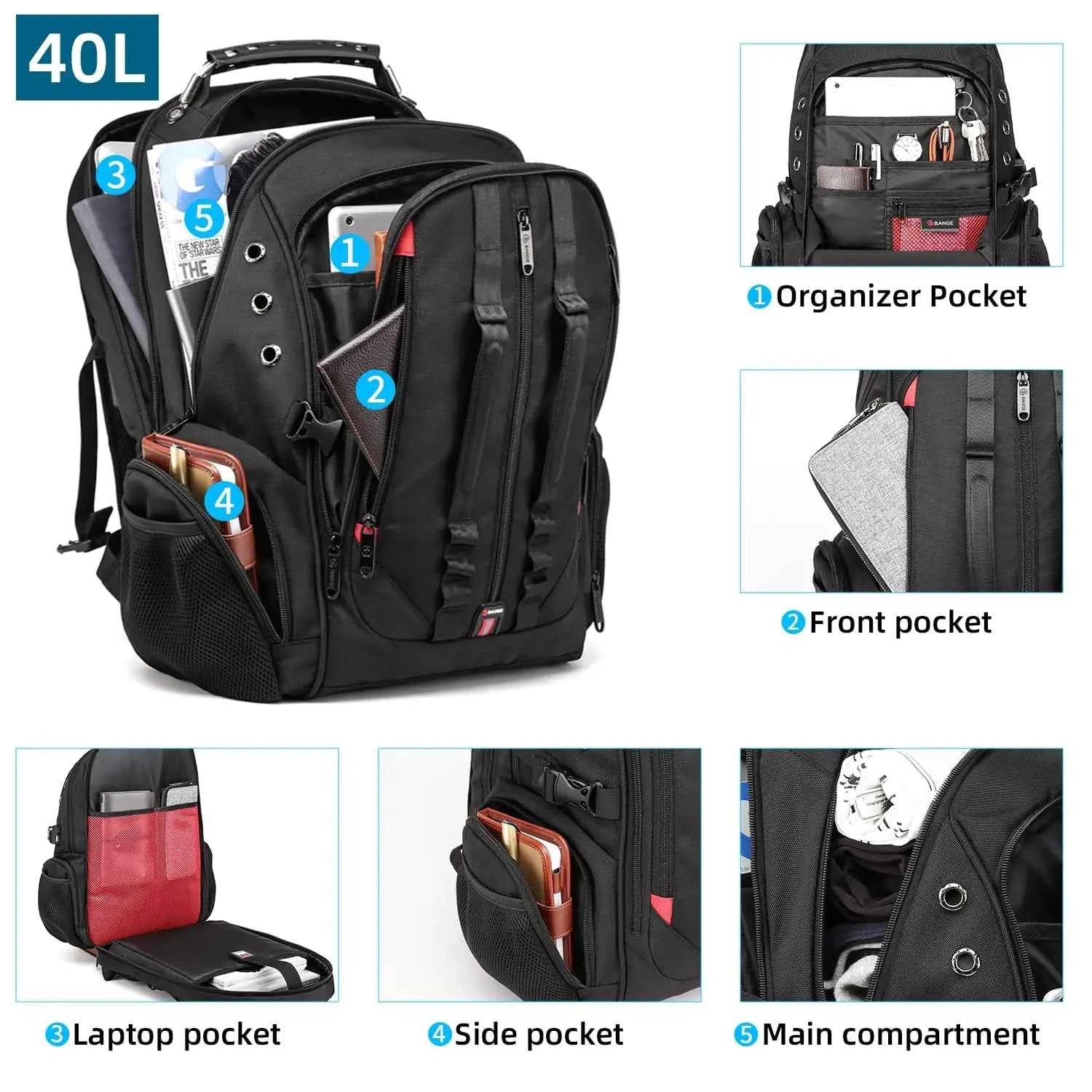 BANGE Large Multi-Function 40L Laptop Backpack 17 Inch Durable Travel Backpack School Bag For Teenagers with USB Recharging Port